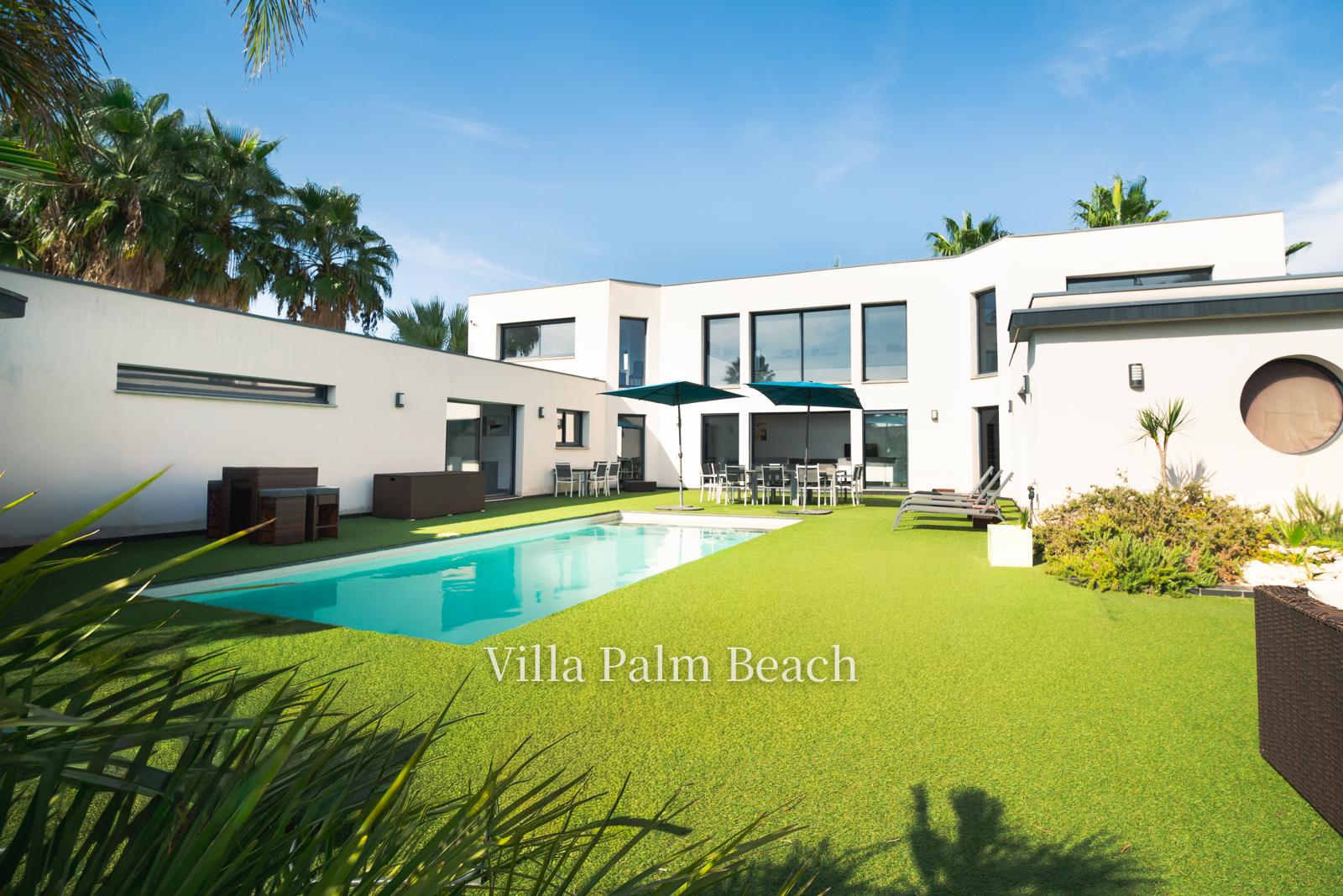 Le jardin et la piscine de la villa vus depuis les massifs de palmiers
